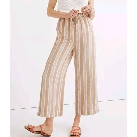 MADEWELL Pants Womens Small Tan Striped Linen Viscose Crop Drawstring AJ393 - Picture 1 of 11